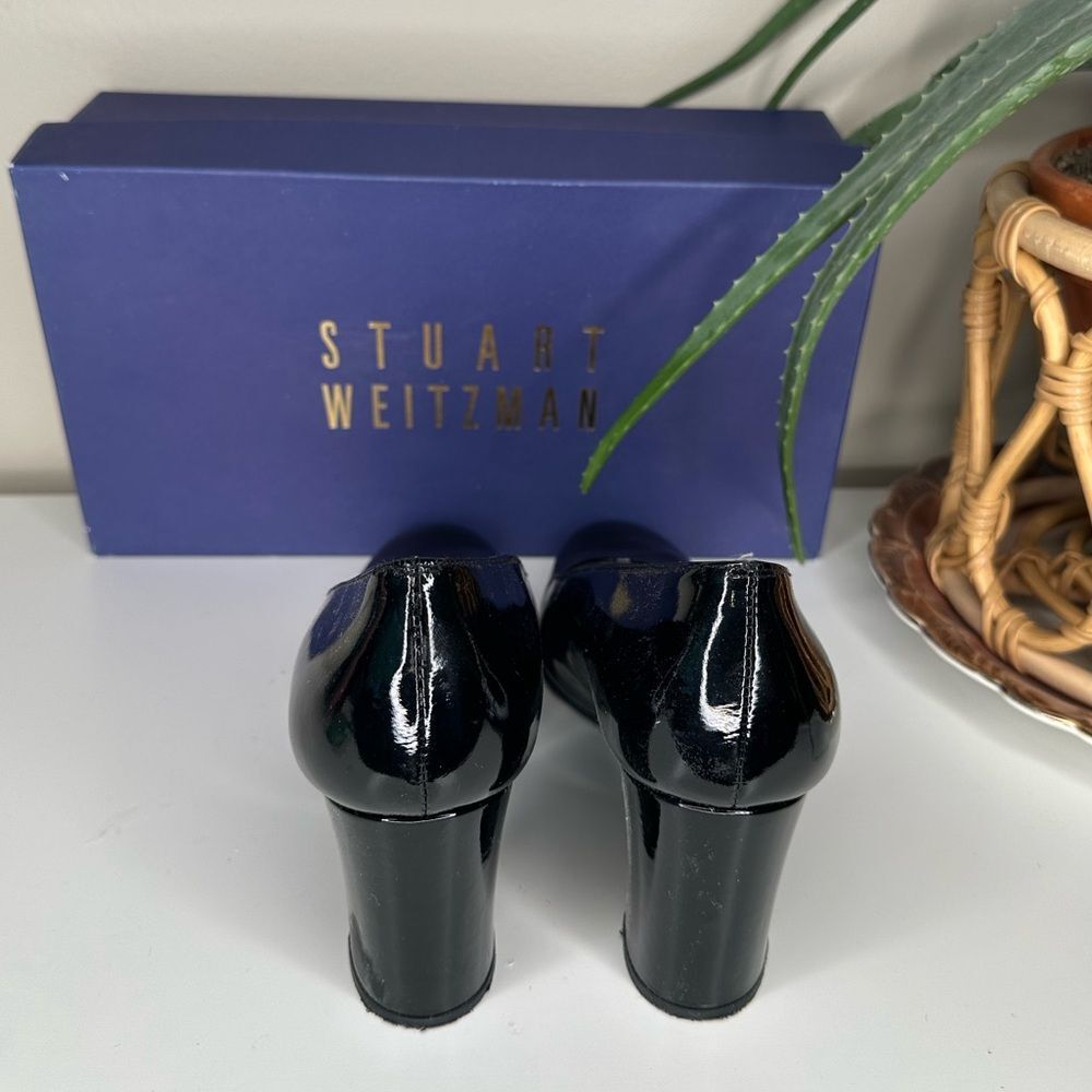 VTG Stuart Weitzman Lex Black Patent Leather Pumps 7.5 AA Block Heel Square Toe - Picture 4 of 15